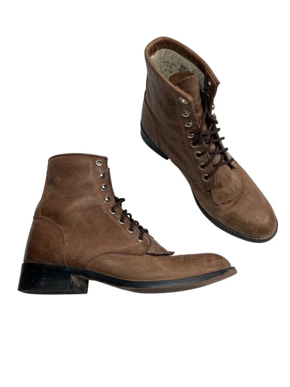 Justin Brown Leather Lace-Up Western Boots Fringe Detail Size 4 D Youth